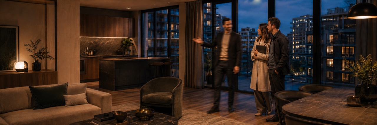 Agent showing a flat to two qualified viewers at dusk