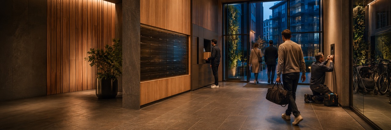 Residential lobby in the evening - parcels, mailboxes and an intercom being fixed